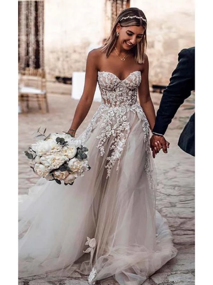 Ivory A Line Wedding Dresses Tulle Cheap Beach Lace Wedding Dresses ER1050 - OrtDress