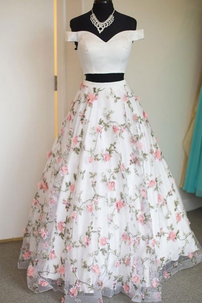 Two Pieces A-line Off-the-shoulder 3D floral Long Prom Dresses Formal Dresses Evening Dress ER1060 - OrtDress