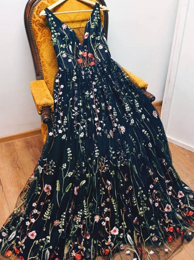 Black Floral Lace Prom Dresses Formal Cheap Long Evening Dress ER1061 - OrtDress