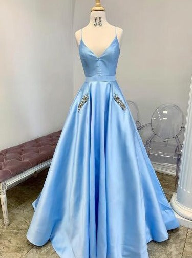 Light Sky Blue Cute Prom Dresses Spaghetti Straps Affordable Beaded Long Evening Gowns ER1062 - OrtDress