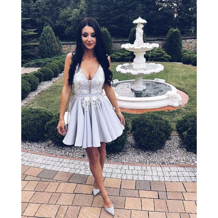 Homecoming Dresses With Appliques, Prom Dresses 2019, Short Silver Homecoming Dresses, V-Neck Homecoming Dresses ER1073 - OrtDress