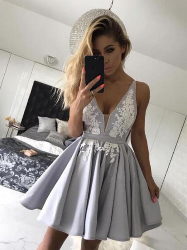 Homecoming Dresses With Appliques, Prom Dresses 2019, Short Silver Homecoming Dresses, V-Neck Homecoming Dresses ER1073 - OrtDress