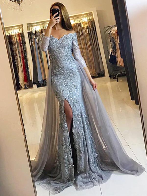 Mermaid Silver Prom Dress Lace Long Sleeve Prom Dress #ER147 - OrtDress