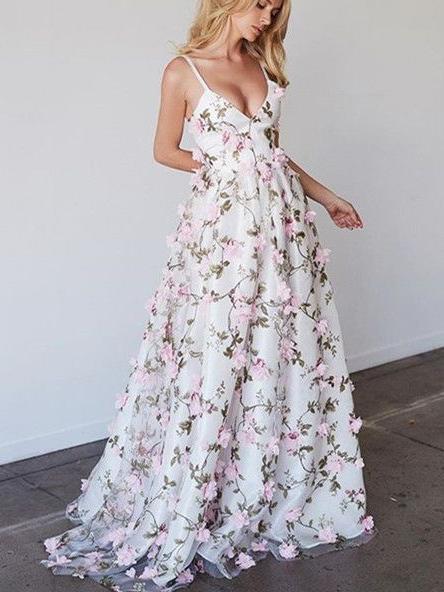 Chic Flower Pink Prom Dress Lace Cheap Long Prom Dress #ER149 - OrtDress