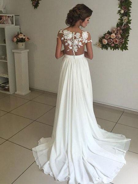 Chic Chiffon Ivory Wedding Dress A Line Lace Cheap Wedding Dress #ER153 - OrtDress