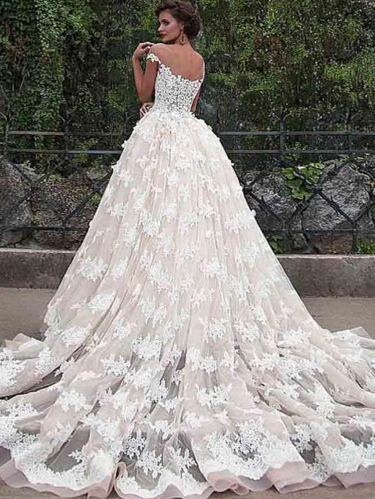 Ball Gown Vintage Wedding Dress Lace Short Sleeve Wedding Dress #ER156 - OrtDress