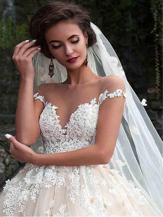 Ball Gown Vintage Wedding Dress Lace Short Sleeve Wedding Dress #ER156 - OrtDress