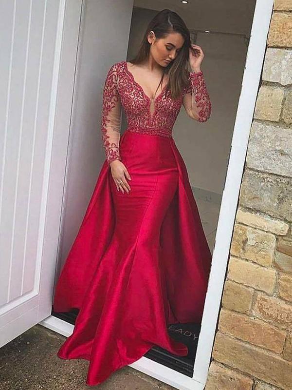 Chic Mermaid Red Prom Dress Long Sleeve Red Prom Dress #ER162 - OrtDress