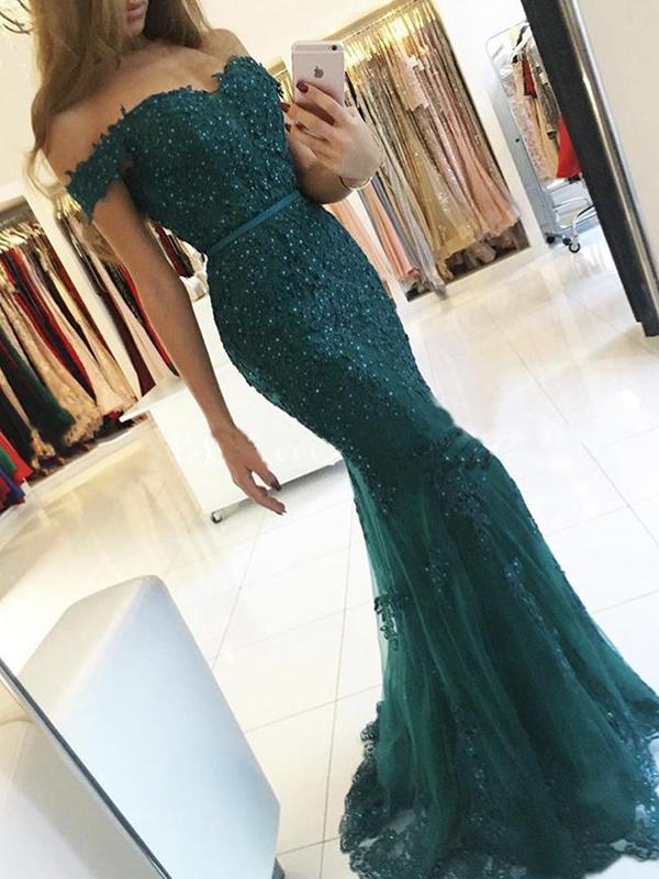 Green Mermaid Lace Prom Dress Off The Shoulder Prom Dress #ER164 - OrtDress