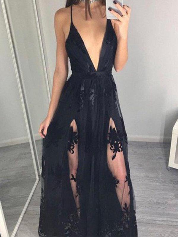 Black Lace Prom Dress V Neck A Line Cheap Prom Dress #ER166 - OrtDress