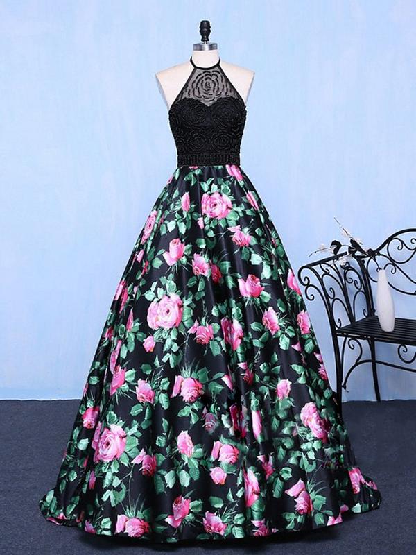 Floral Black Prom Dress Modest Beautiful  Cheap Long Prom Dress #ER170 - OrtDress