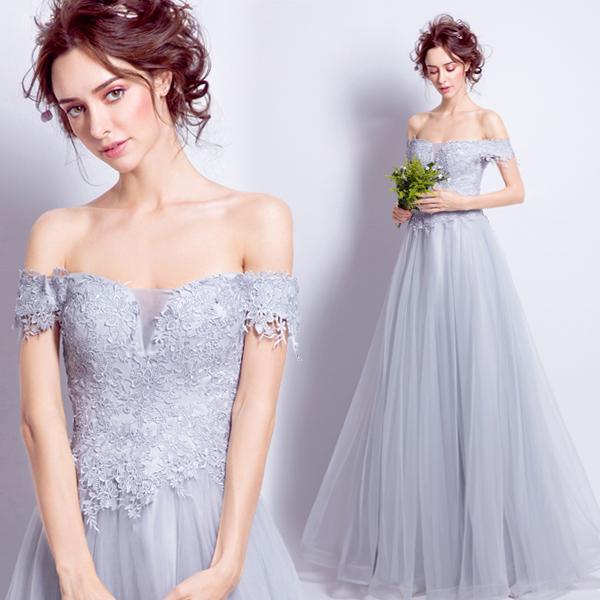 Silver Lace Prom Dress Off The Shoulder Cheap Long Prom Dress #ER171 - OrtDress