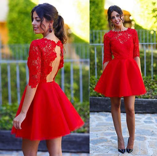 Red Homecoming Dress With Sleeve Lace Cheap Homecoming Dress ER177 - OrtDress