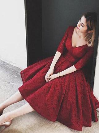 Burgundy Homecoming Dress With Sleeve Lace Cheap Homecoming Dress ER184 - OrtDress