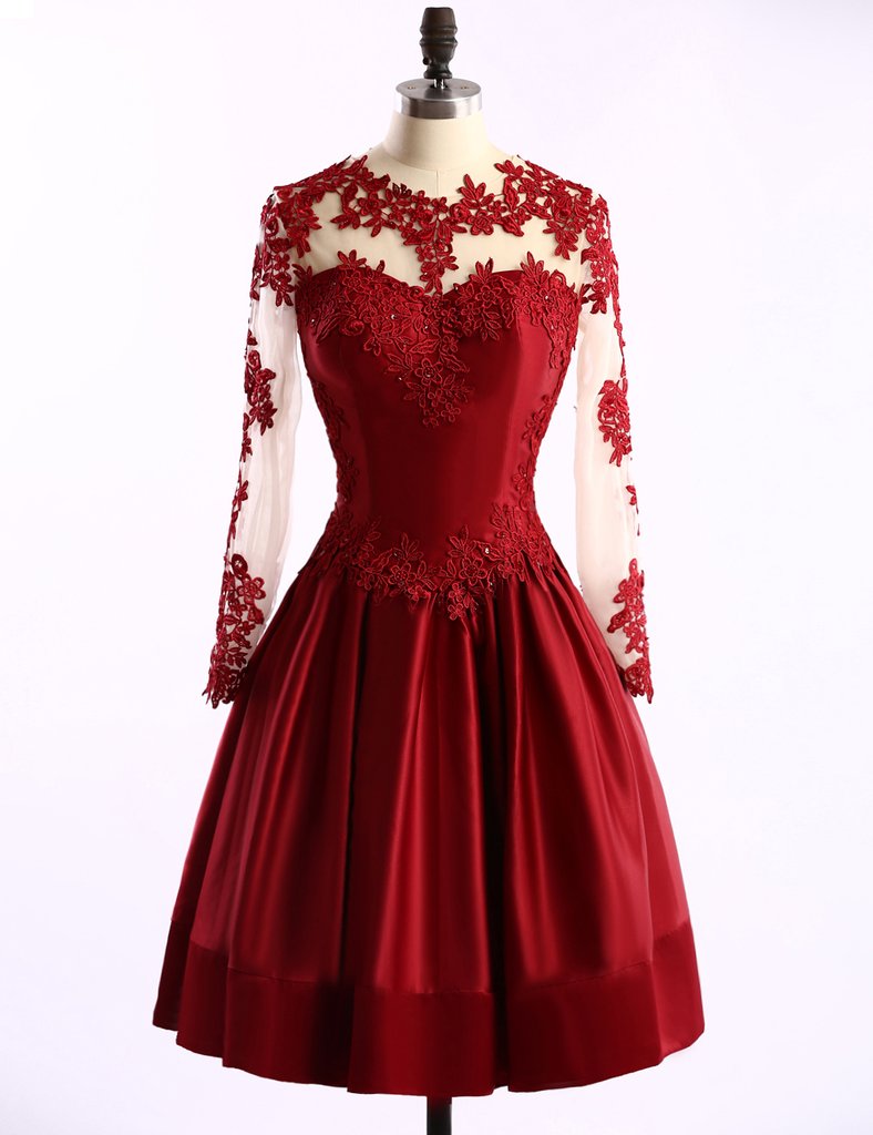 Burgundy Homecoming Dress With Sleeve Lace Homecoming Dress ER185 - OrtDress