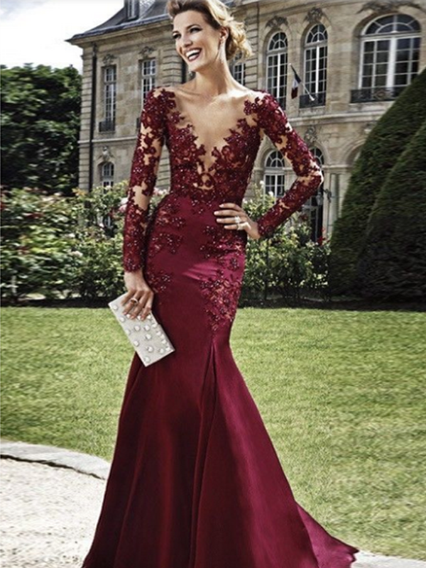 Burgundy Lace Prom Dress Long Sleeve Mermaid Prom Dress #ER199 – OrtDress