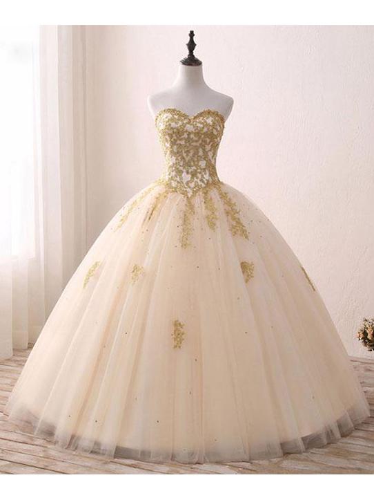 Ball Gown Gold Prom Dress Cheap Lace Tulle Prom Dress #ER201 - OrtDress