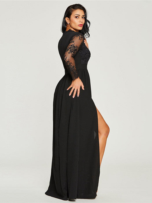 Black A Line Cheap Prom Dress Chiffon Long Sleeve Evenng Dress ER2044 - OrtDress