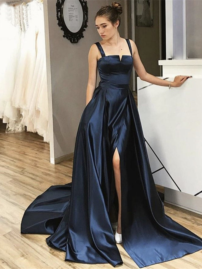 Chic A-line Straps Fuchsia Long Prom Dresses Satin Evening Dress ER2049 - OrtDress
