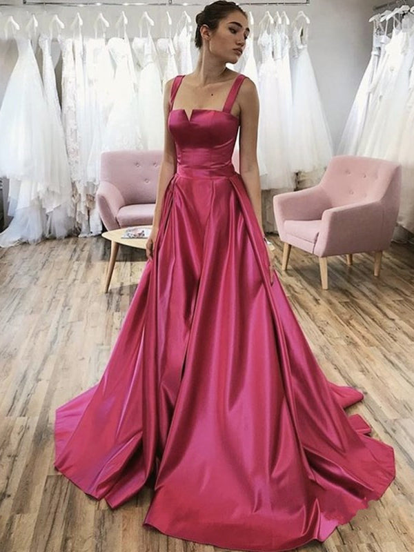 Chic A-line Straps Fuchsia Long Prom Dresses Satin Evening Dress ER2049 - OrtDress