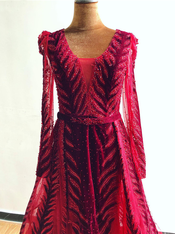 Vintage Burgundy Prom Dress Long Sleeve Sequins Prom Dress ER2054 - OrtDress
