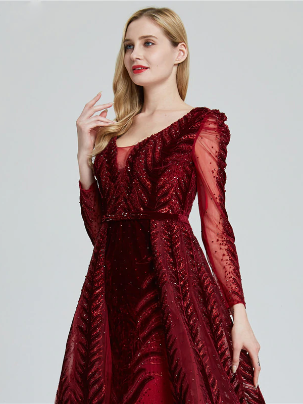 Vintage Burgundy Prom Dress Long Sleeve Sequins Prom Dress ER2054 - OrtDress