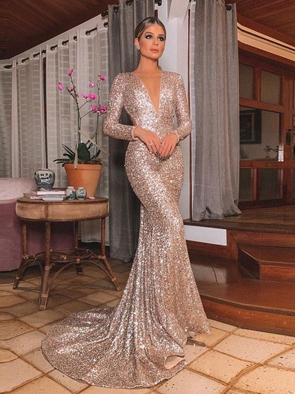 Mermaid Sexy Prom Dress Long Sleeve Backless Sequins Prom Dress ER2055 - OrtDress