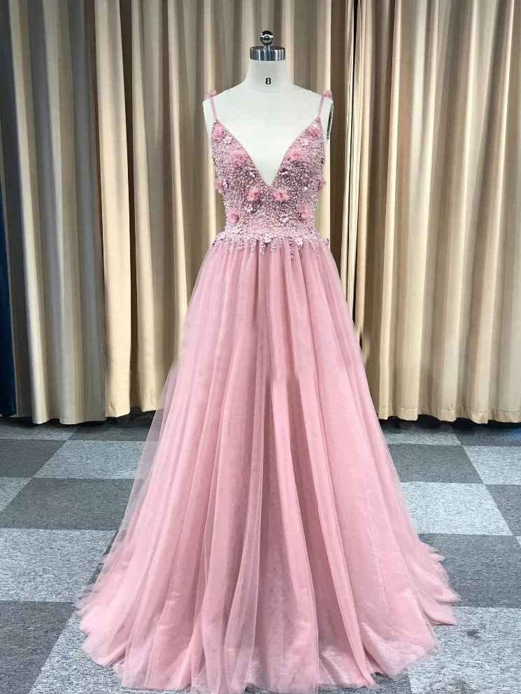 Custom Made Sexy Backless Party Dress Luxury Beaded 3D flowers Tulle Prom Dress ER2074