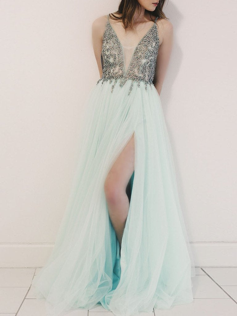 Chic V Neck Prom Dress Blue Cheap Long Prom Dress #ER219 - OrtDress