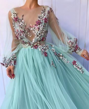 Flower Long Sleeve Prom Dress Cheap Lace Long Prom Dress #ER262 - OrtDress