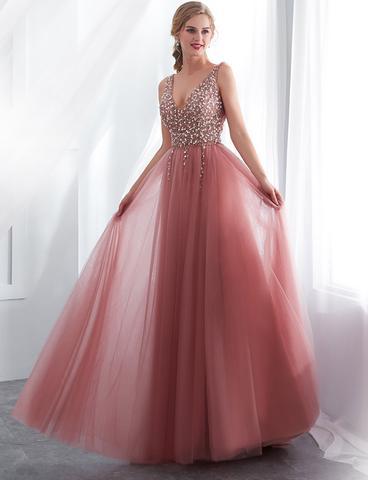 Chic V Neck Tulle Prom Dress Beading Beautiful Long Vintage Prom Dress #ER264 - OrtDress
