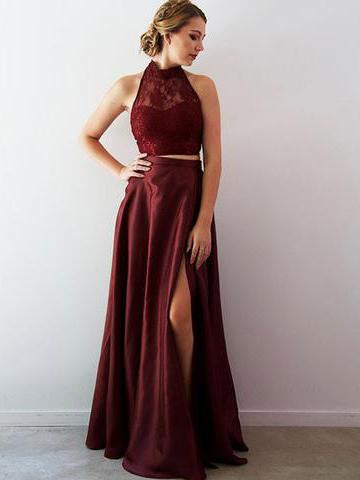 Two Piece Burgundy Prom Dress Cheap Lace Long Prom Dress #ER265 - OrtDress