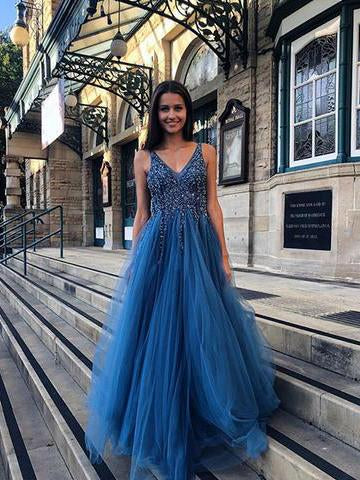 Blue V Neck Tulle Prom Dress Beading Tulle Long Vintage Prom Dress #ER266 - OrtDress
