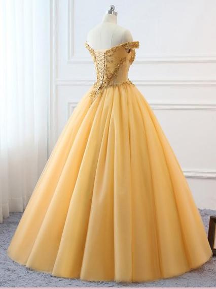 Ball Gown Vintage Prom Dress Plus Size Off The Shoulder Gold Prom Dress #ER282 - OrtDress
