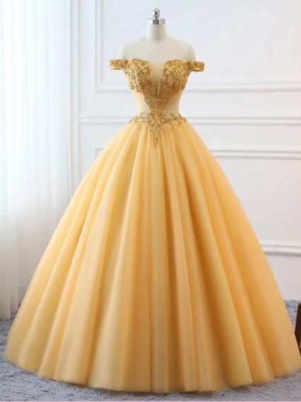 Ball Gown Vintage Prom Dress Plus Size Off The Shoulder Gold Prom Dress #ER282 - OrtDress