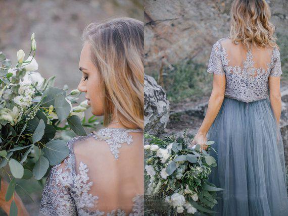 Two Piece Lace Prom Dress Silver Short Sleeve Tulle Plus Size Prom Dress #ER284 - OrtDress