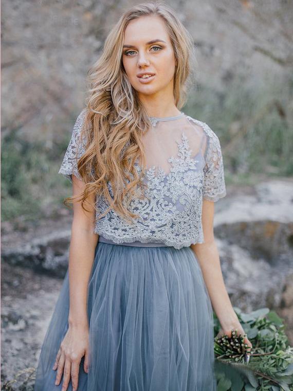 Two Piece Lace Prom Dress Silver Short Sleeve Tulle Plus Size Prom Dress #ER284 - OrtDress