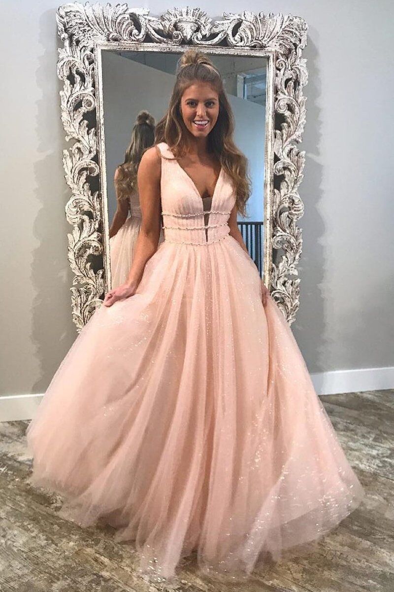 Chiffon Pink Prom Dress Vintage Cheap A Line V Neck Tulle Prom Dress #ER290 - OrtDress