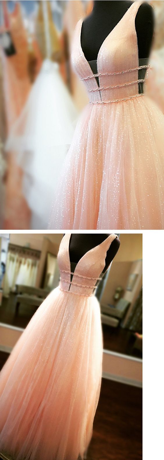Chiffon Pink Prom Dress Vintage Cheap A Line V Neck Tulle Prom Dress #ER290 - OrtDress