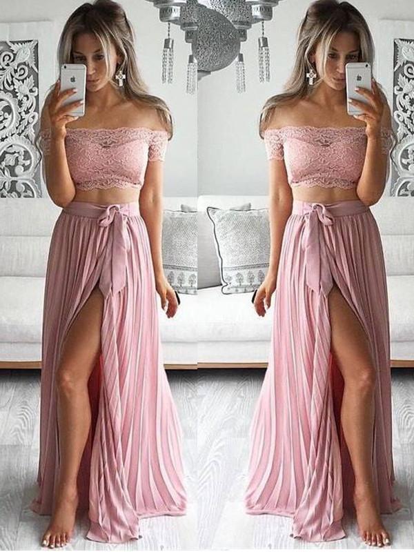 Pink Two Piece Prom Dress Lace Chiffon Off The Shoulder Prom Dress #ER294 - OrtDress