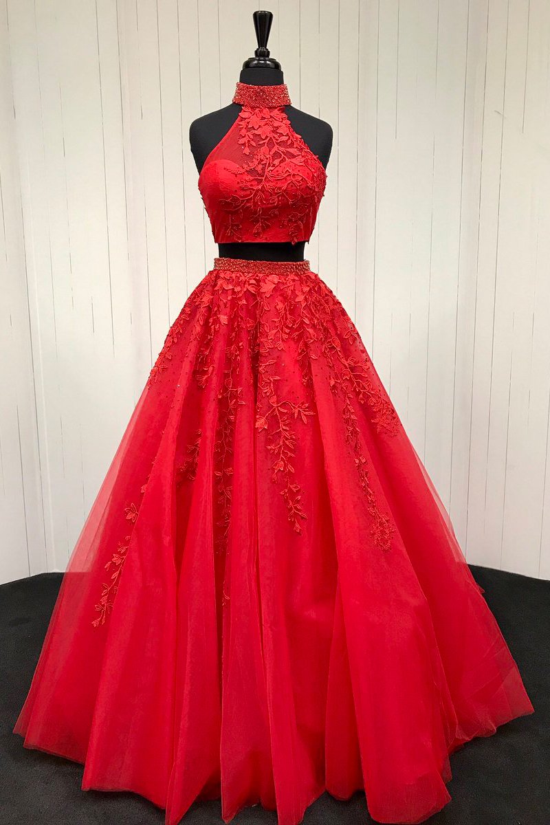 Red Two Piece Prom Dress Vintage Lace Tulle High Neck Prom Dress #ER29 – OrtDress Red Two Piece Prom Dress Vintage Lace Tulle High Neck Prom Dress #ER29 – OrtDress