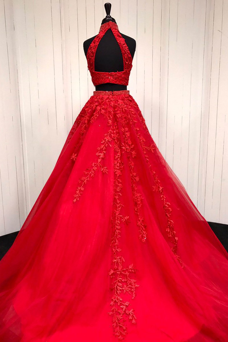 Red Two Piece Prom Dress Vintage Lace Tulle High Neck Prom Dress #ER296 - OrtDress