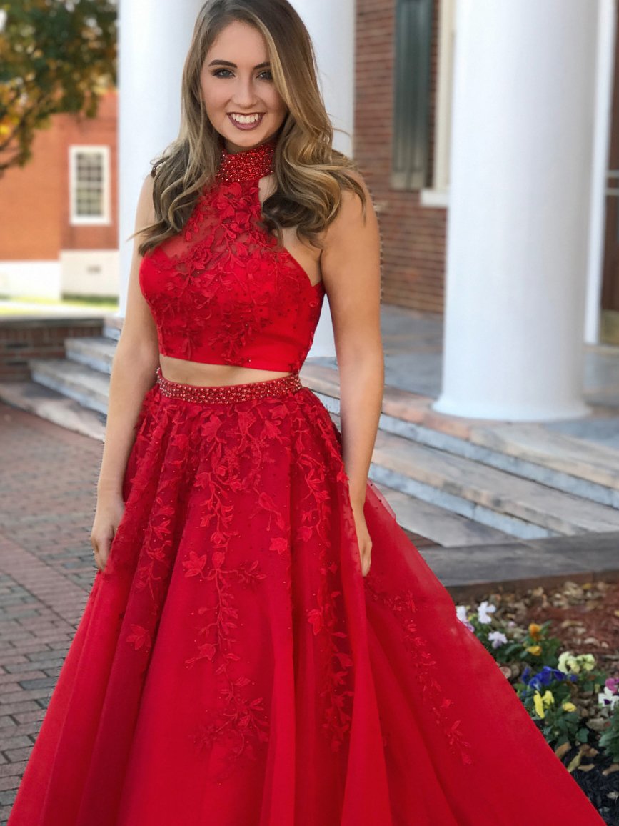 Red Two Piece Prom Dress Vintage Lace Tulle High Neck Prom Dress #ER296 - OrtDress