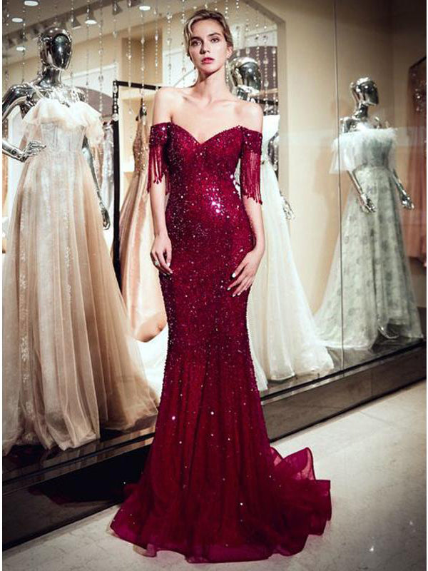 Off The Shoulder Burgundy Prom Dress Vintage Beading Mermaid Prom Dress #ER310 - OrtDress