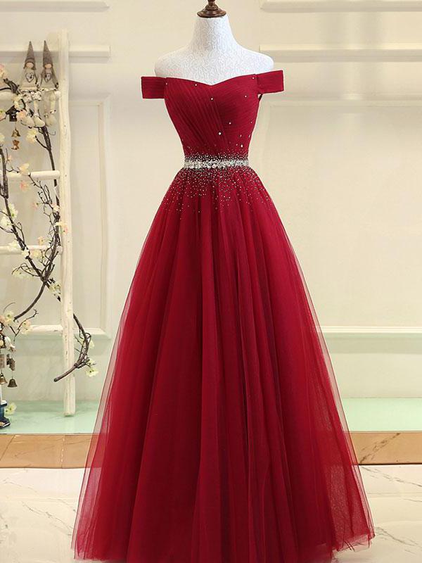 Off The Shoulder Red Prom Dress Cheap A Line Tulle Prom Dress #ER400 - OrtDress