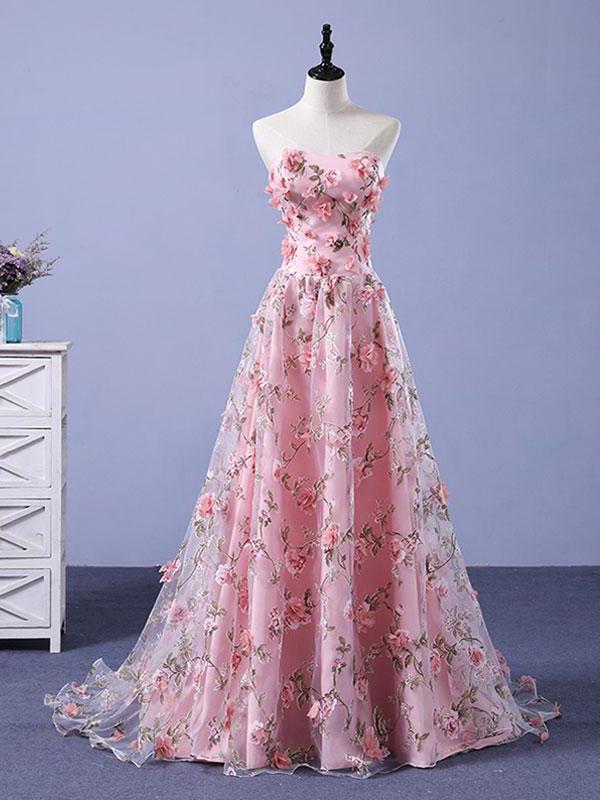 Floral Pink Prom Dress Cheap A Line Sweetheart Prom Dress #ER401 - OrtDress