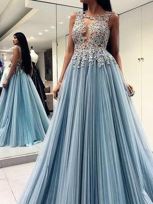Chic Tulle Prom Dress Blue A Line Plus Size Long Prom Dress #ER431 - OrtDress