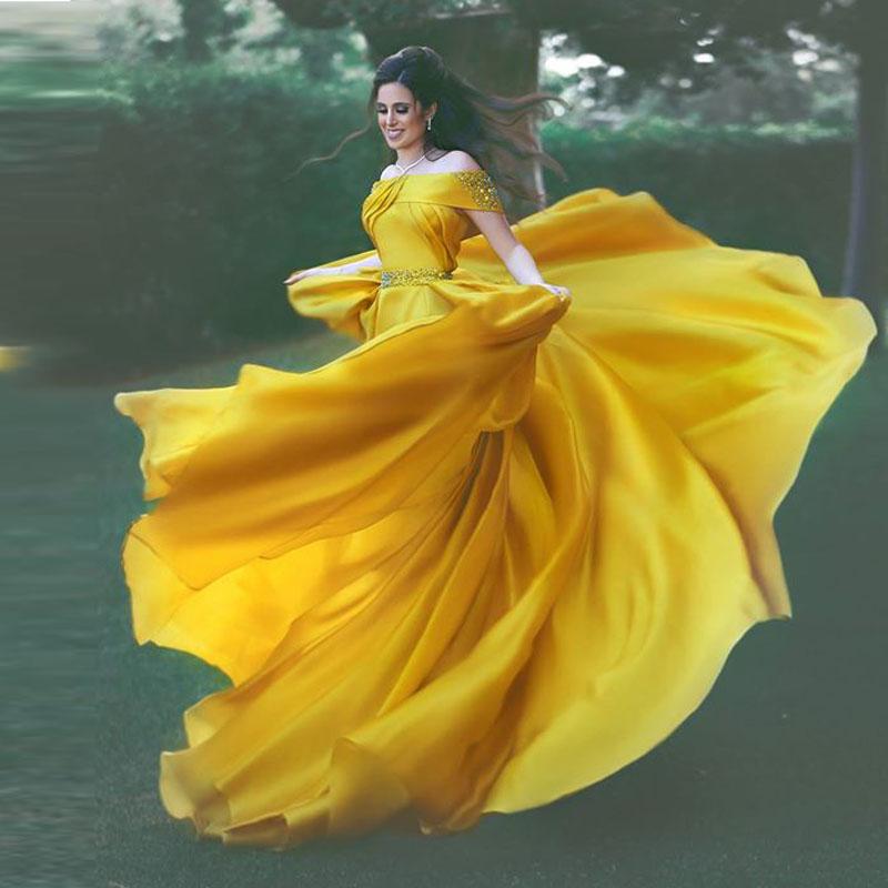 Off The Shoulder Yellow Prom Dress Plus Size Cheap Prom Dress #ER462 - OrtDress