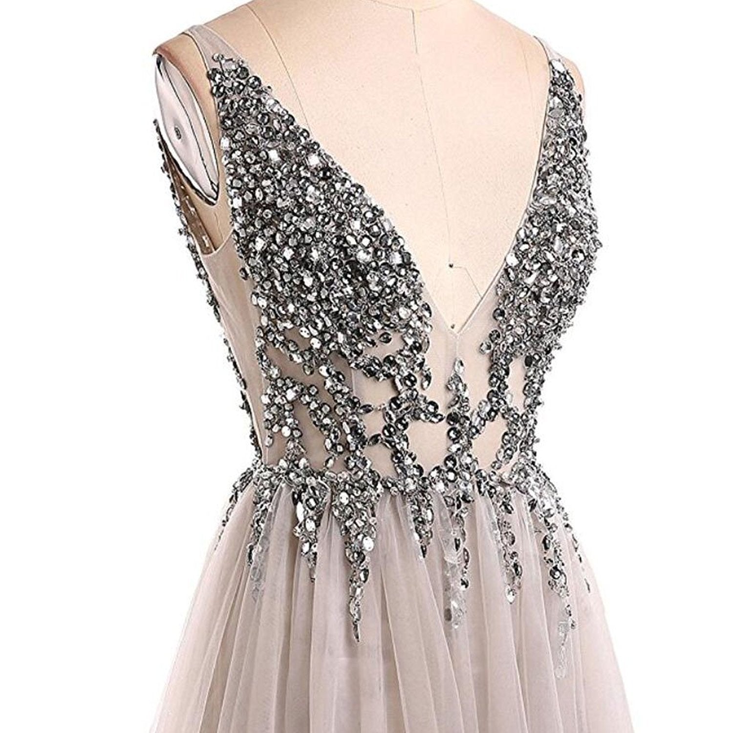 Chic Silver Prom Dress Cheap A Line V Neck Tulle Prom Dress #ER500 - OrtDress