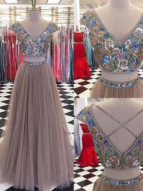 Vintage Two Piece Prom Dress V Neck Tulle Plus Size Prom Dress #ER502 - OrtDress